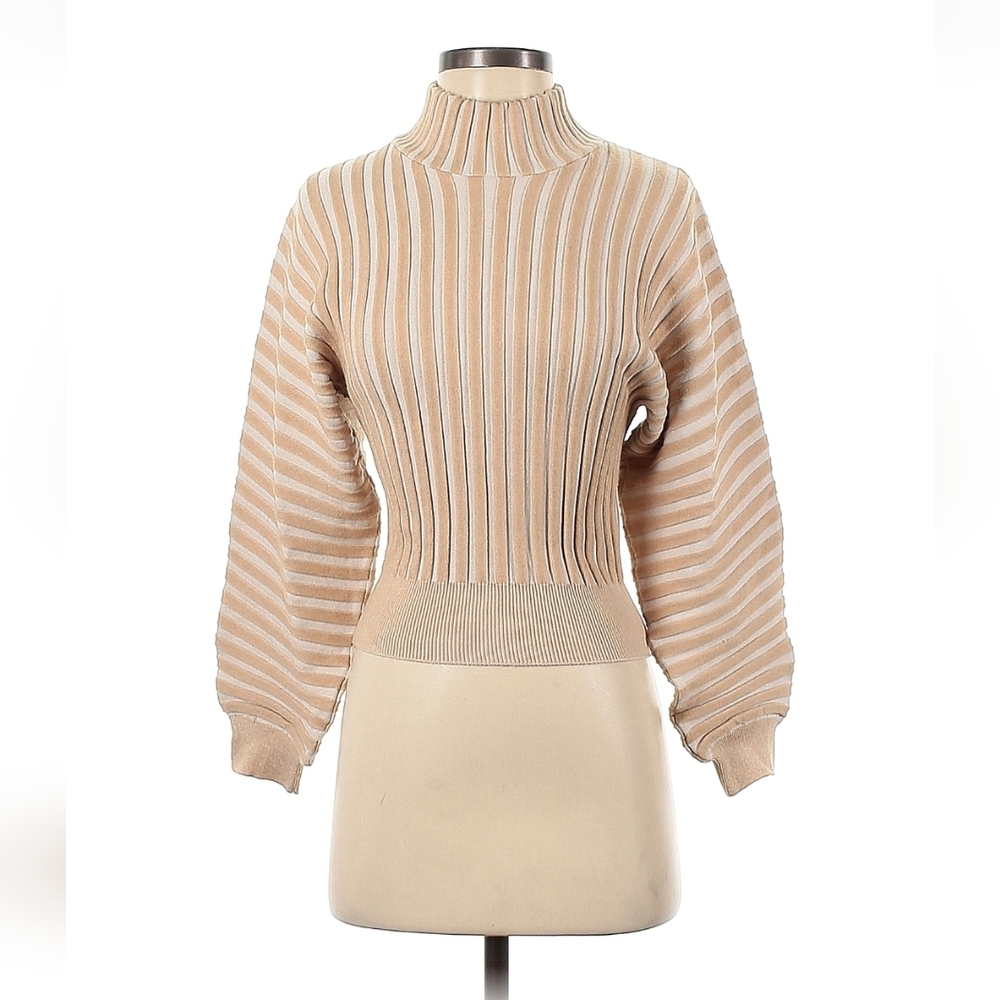 Free People Cream Ribbed Mock-Neck Balloon-Sleeve Sweater